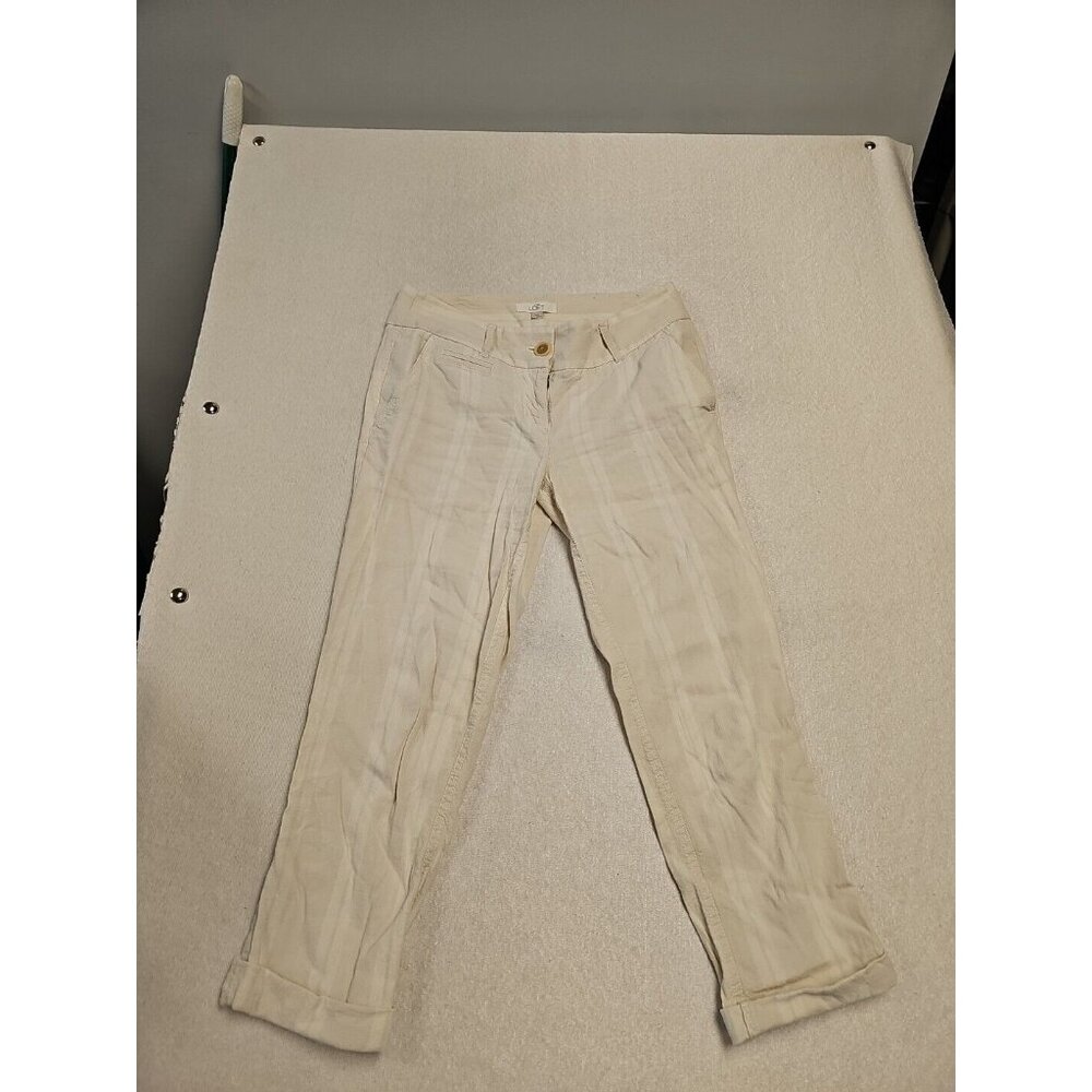 Ann Taylor Loft Marisa Pants Cream Ivory Striped Linen Blend Cuffed‎ Size 0